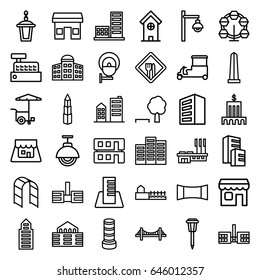 City icons set. set of 36 city outline icons such as building, building   isolated  sign symbol, business center building, bridge, monument, fast food cart, street lamp