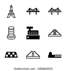 City icons. set of 9 editable filled and outline city icons such as bridge, building, avenue, chichen itza, eiffel tower, builidng