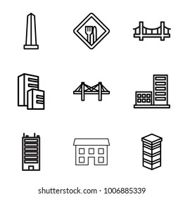 City icons. set of 9 editable outline city icons such as building, monument, bridge, restaurant
