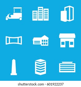city icons set. Set of 9 city filled icons such as building, business center building, monument, fast food cart, panorama mode, school