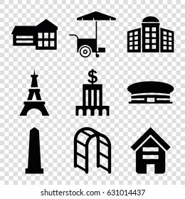 City icons set. set of 9 city filled icons such as building, building   isolated  sign symbol, airport, monument, eiffel tower, fast food cart, playground ladder, bank