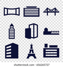 City icons set. set of 9 city filled icons such as building, business center building, eiffel tower, bridge, panorama mode