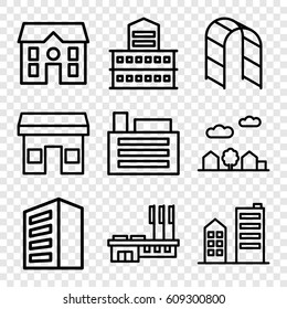 City icons set. set of 9 city outline icons such as building, house, playground ladder, city landscape