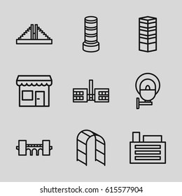 City icons set. set of 9 city outline icons such as business centre, Chichen Itza, business center building, bridge, playground ladder, building, street lamp, store