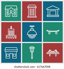 City icons set. set of 9 city outline icons such as building, house, street lamp, bridge, skateboard, store