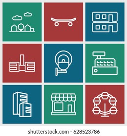 City icons set. set of 9 city outline icons such as store, building, house builidng, builidng, city landscape, street lamp, skateboard
