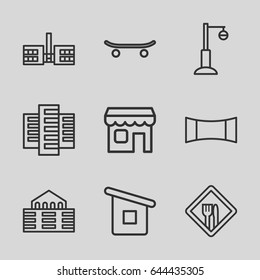City icons set. set of 9 city outline icons such as building, street lamp, panorama mode, house builidng, shop, restaurant, skateboard
