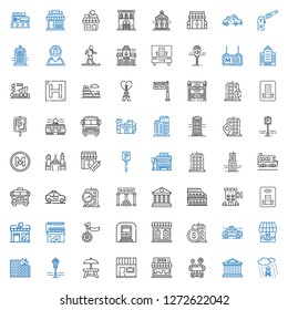 city icons set. Collection of city with acid rain, parthenon, school bus, store, rest area, street lamp, building, shop, taxi, underground, unicycle. Editable and scalable city icons.