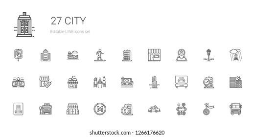 city icons set. Collection of city with school bus, taxi, building, metro, stores, bus stop, hotel, pierrade, shop, tram, store, unicycle, acid rain. Editable and scalable city icons.