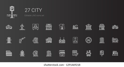 city icons set. Collection of city with school bus, stores, store, building, police box, colosseum, metro, hotel, bus stop, parking, phone booth. Editable and scalable city icons.