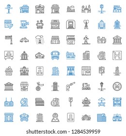 city icons set. Collection of city with tram, building, taxi, hotel, shop, school bus, store, subway entrance, rest area, hydrant, parking, colosseum. Editable and scalable city icons.