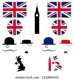 City icons set England man woman beret moustache glasses flags country map big ban tower vector