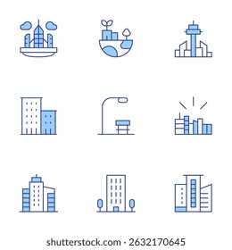 City icons set. Line Duotone style, editable stroke. floating island, apartments, buildings, sustainable, city, flat, skyscraper, lamppost.