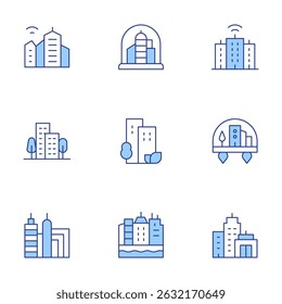 City icons set. Line Duotone style, editable stroke. smart city, city, building.