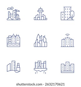 Conjunto de iconos de ciudad. Estilo de línea delgada, estilo editable. ciudad, edificio, ciudad inteligente.