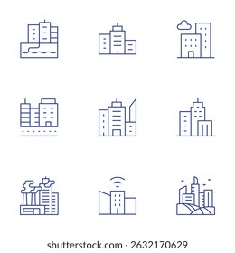Conjunto de iconos de ciudad. Estilo de línea delgada, estilo editable. ciudad, edificio de la ciudad, ciudad inteligente, edificios, rascacielos.