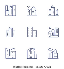 Ícones de cidade definidos. Estilo de linha fina, traço editável. cidade, cidade inteligente, arranha-céu, apartamentos, financeiro, edifícios