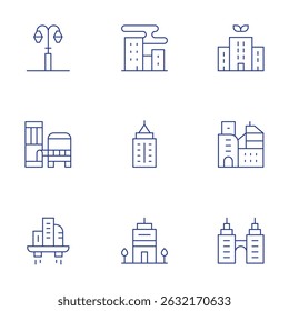 City icons set. Thin Line style, editable stroke. lamppost, architecture and city, city, green city, skyscrapper, buildings, office, skyscraper.