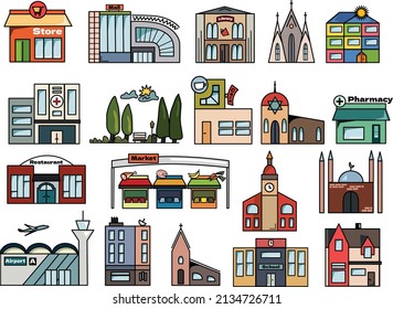 city ​​buildings icons set. Vector graphics