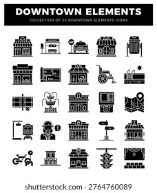 City icons shops. bus stop. taxi. cafe. trash. map. train. bike