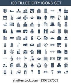 city icons. Trendy 100 city icons. Contain icons such as tree and bench, airport, street lamp, bridge, building, fast food cart, pylon, carousel. city icon for web and mobile.