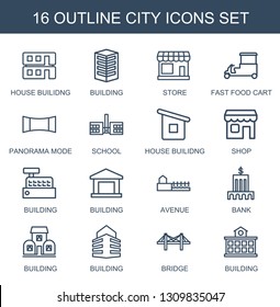 city icons. Trendy 16 city icons. Contain icons such as house builidng, building, store, fast food cart, panorama mode, school, shop, avenue, bank. city icon for web and mobile.