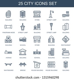 city icons. Trendy 25 city icons. Contain icons such as builidng, building, store, street lamp, panorama mode, school, restaurant, avenue, skateboard. city icon for web and mobile.