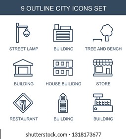 city icons. Trendy 9 city icons. Contain icons such as street lamp, building, tree and bench, house builidng, store, restaurant. city icon for web and mobile.