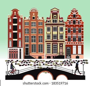 City illustration. Amsterdam. Amsterdam city, bridge, bicycles. Vector.