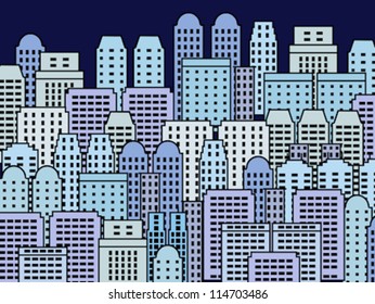 City illustration - blue skyscrapers and modern buildings. Contemporary metropolis and urban landscape.