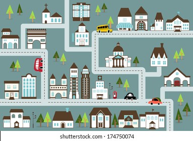 City illustration in blue/City map with a variety of buildings, grocery shop,school,hospital,house,city hall,church, street, cars, etc.