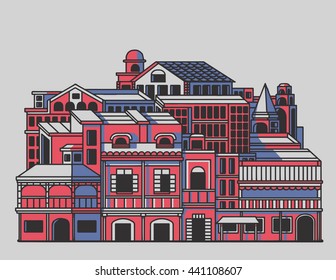 City illustration of downtown. Stylish vector illustration, linear style.