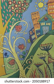 City illustration. Fabulous color illustration. Home and garden. Fantasy trees and houses. Children's illustration. Vector color illustration
