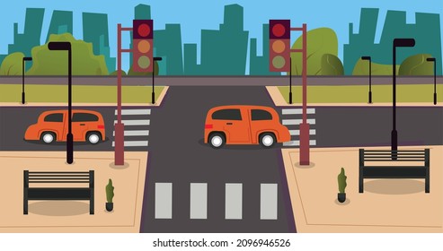 City illustration flat design road walk with a car