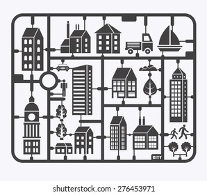 City illustration in a flat style of the buildings, houses, skyscrapers. For decoration and creativity in urban and industrial design theme.