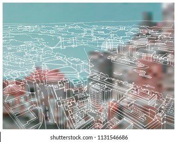 City Illustration. Hand Drawn Ink Line Sketch London, Historical Architecture  Panorama With Building, Roof. Ink Drawing Of Cityscape, Perspective View. Travel Postcard. Birds Eye View