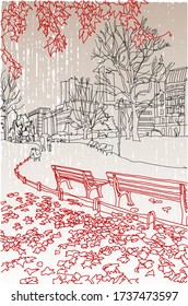 City illustration. Hand drawn ink line sketch European old town London, historical architecture with benches, people, trees . Ink drawing of cityscape, perspective park view. Travel postcard. 