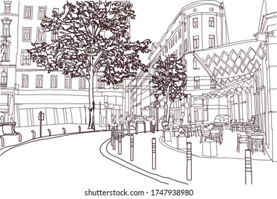 City illustration. Hand drawn ink line sketch European old town Paris, France with historical architecture, bicycles, signs, cafes. Ink drawing of cityscape, perspective view. Travel postcard