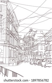 City illustration. Hand drawn ink line sketch European old town Paris, France with historical architecture, bikes, signs, cafes. Ink drawing of cityscape, perspective view. Travel postcard