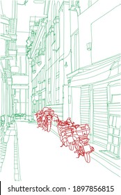 City illustration. Hand drawn ink line sketch European old town Paris, France with historical architecture, bikes, signs, cafes. Ink drawing of cityscape, perspective view. Travel postcard