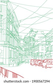 City illustration. Hand drawn ink line sketch European old town Paris, France with historical architecture, bikes, signs, cafes. Ink drawing of cityscape, perspective view. Travel postcard