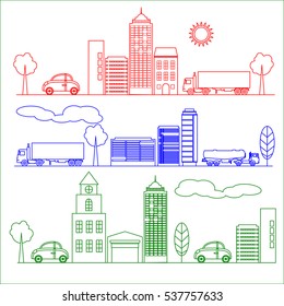 City illustration in linear style birds, buildings, cathedrals, clouds, machines, cyclist graphic design template. Vector Illustration