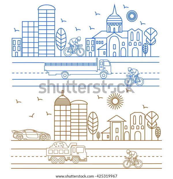 City illustration in linear style birds,
buildings, cathedrals, clouds, cyclist, machines graphic design
template. Vector
Illustration