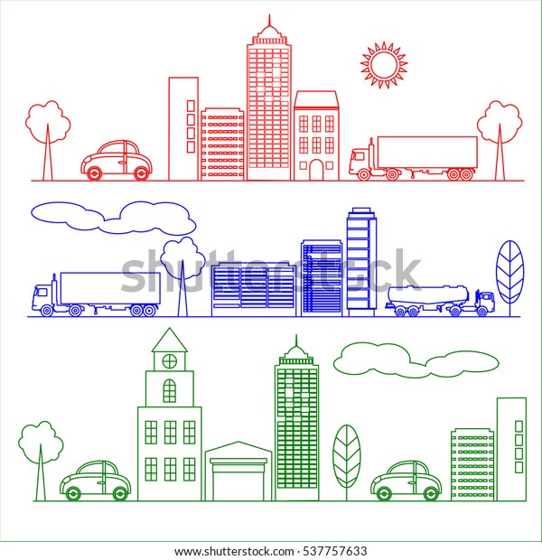 City illustration in linear style birds,\
buildings, cathedrals, clouds, machines, cyclist graphic design\
template. Vector\
Illustration