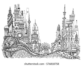 City illustration with a lots of detailed buildings and trees