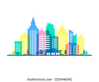 City illustration with punchy pastels colors. Flat style silhouettes of buildings on white background. Cityscape background in pastel colors. Urban life. Vector illustration.