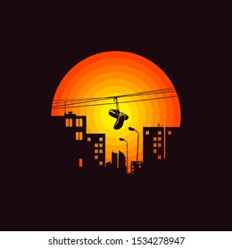 City illustration. Shoes on wire in the street. Urban style background. T shirt design, label, logo, print, art.