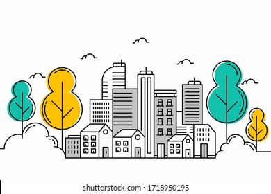 City illustration with thin line style.City landscape. Urban life Vector illustration