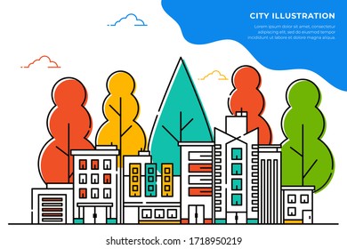 City illustration with a thin line style.City landscape. Urban life Vector illustration