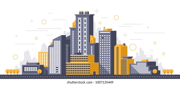 City illustration. Towers and buildings in modern flat style on white background